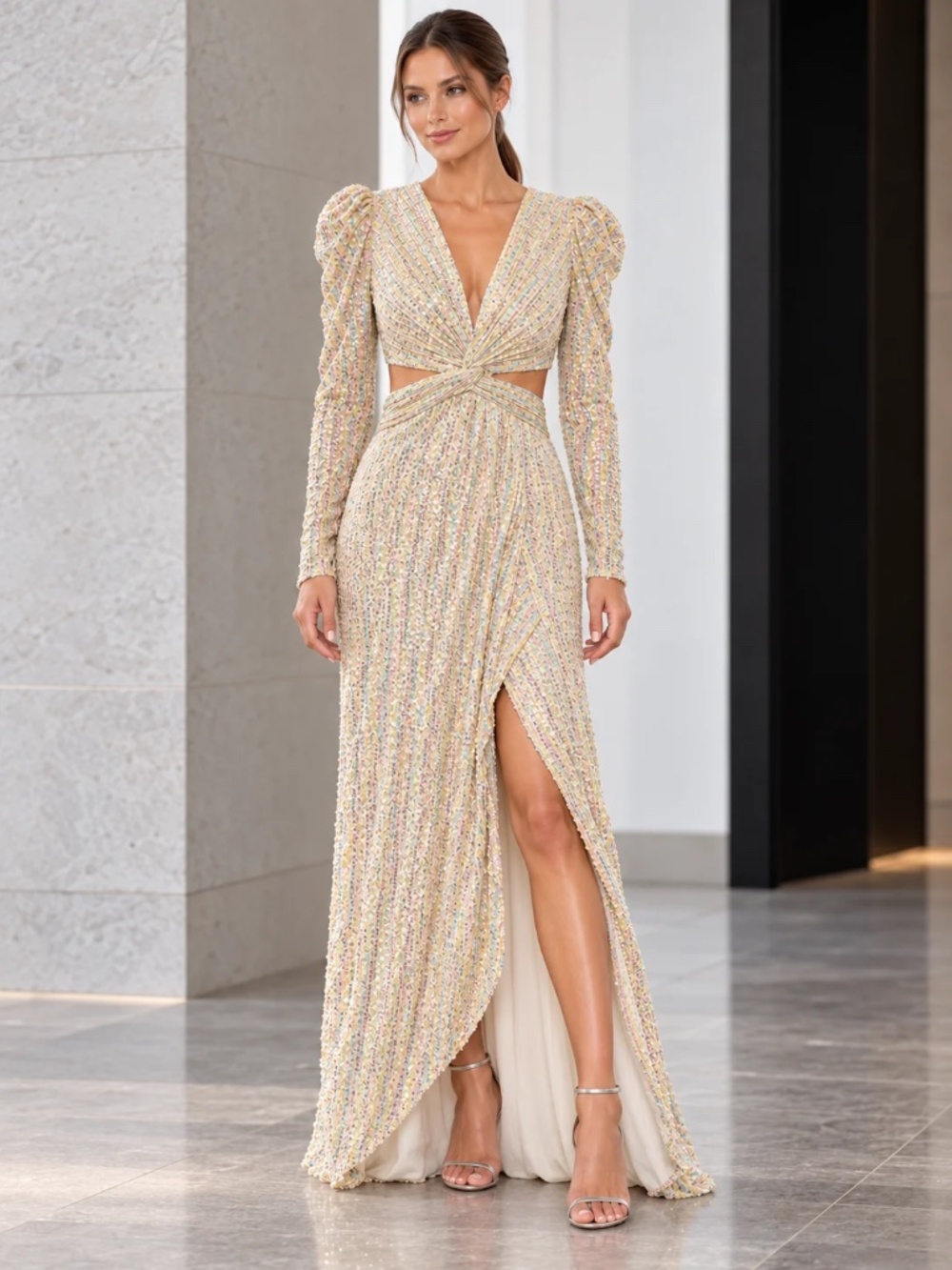 Mac Duggal 27050 Multicolor Sequin Puff Sleeve Cutout Gown NWT 6 MSRP $298